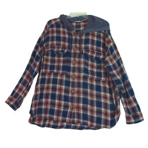 Kohl's So Boyfriend Hooded Flannel Shirt Womens Juniors XL Blue Relaxed